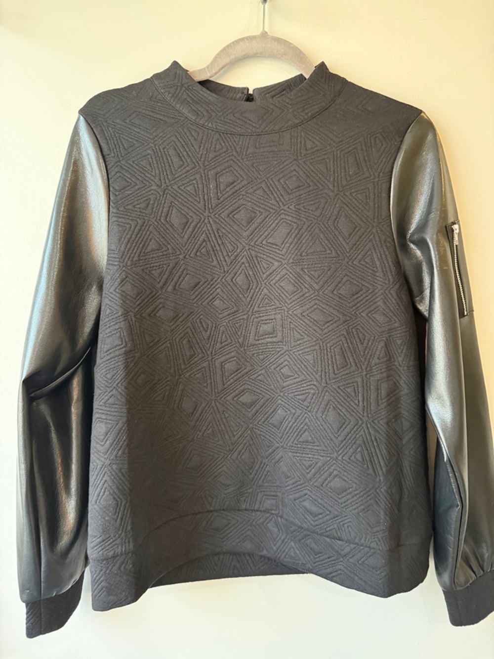THML Black Textured Crewneck with Faux-Leather Sleeves zipper pocket small